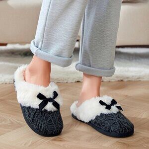 RACHEL Rachel Roy Black White Chenille Knit Fur Bow Slip-On Memory Foam Slippers